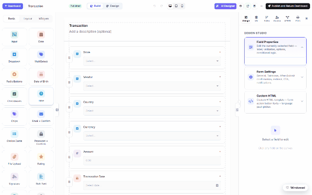 The BPMN workflow editor on DNN: node palette (gateways, script/business rules, user & service tasks), the canvas with a Service Task (DB) wired to an End Event, and the node's settings — a Database Insert into the invoice table