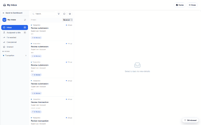 Opening a task in My Inbox on DNN: the queue, then the task detail — Details / History / Workflow / Form Responses tabs and the Approve · Reject · Return · Forward action bar