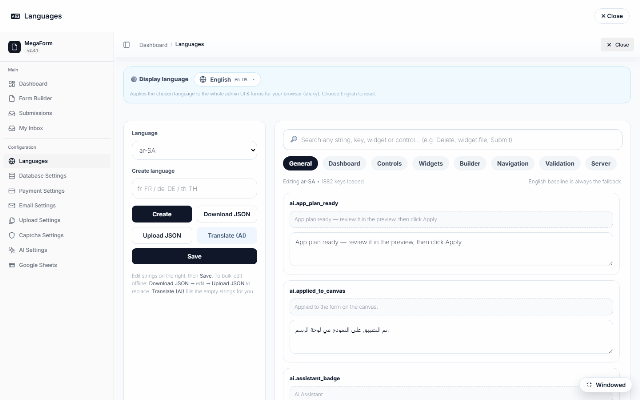The Languages manager on DNN: the language list, the string catalog grouped by area (General, Dashboard, Controls, Widgets, Builder, Navigation, Validation, Server), JSON import/export and Translate (AI)