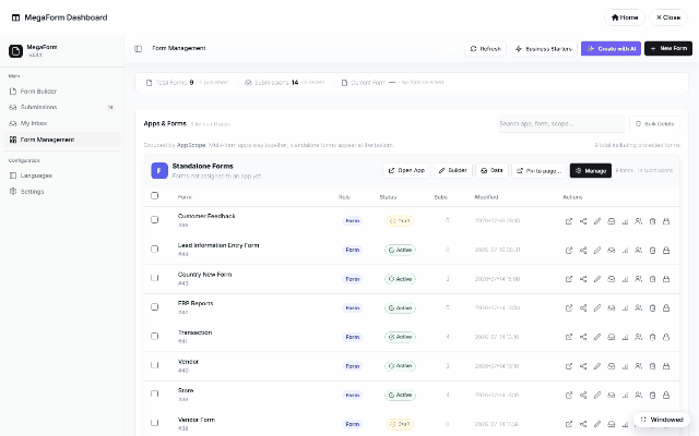 The dashboard Settings section on DNN — Database, Payment, Email, Upload, Captcha, AI Settings and Google Sheets panels; opening AI Settings