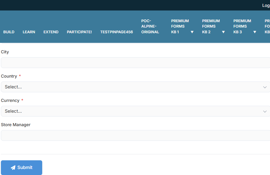 DNN Store form — Country and Currency options read live from the ERP database