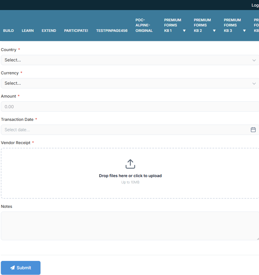 DNN Transaction form — store, vendor, country and currency dropdowns all live from SQL; receipt uploads on the form