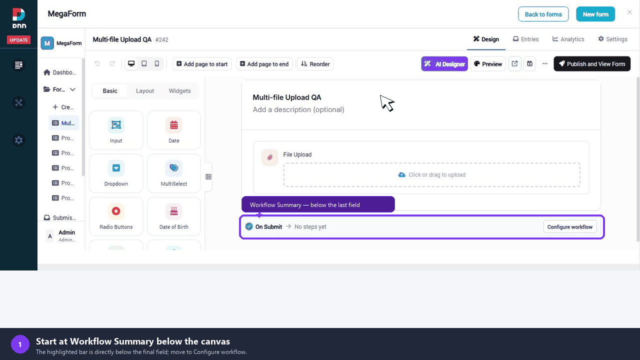 Wide, slow DNN walkthrough with a visible pointer. The purple outline precisely follows the inline Workflow Summary bar directly below the last field; the animation opens Configure workflow, shows all nine choices, adds Approval and Send email under On Submit, adds Push to API under On Approve, saves, and returns to the same summary bar
