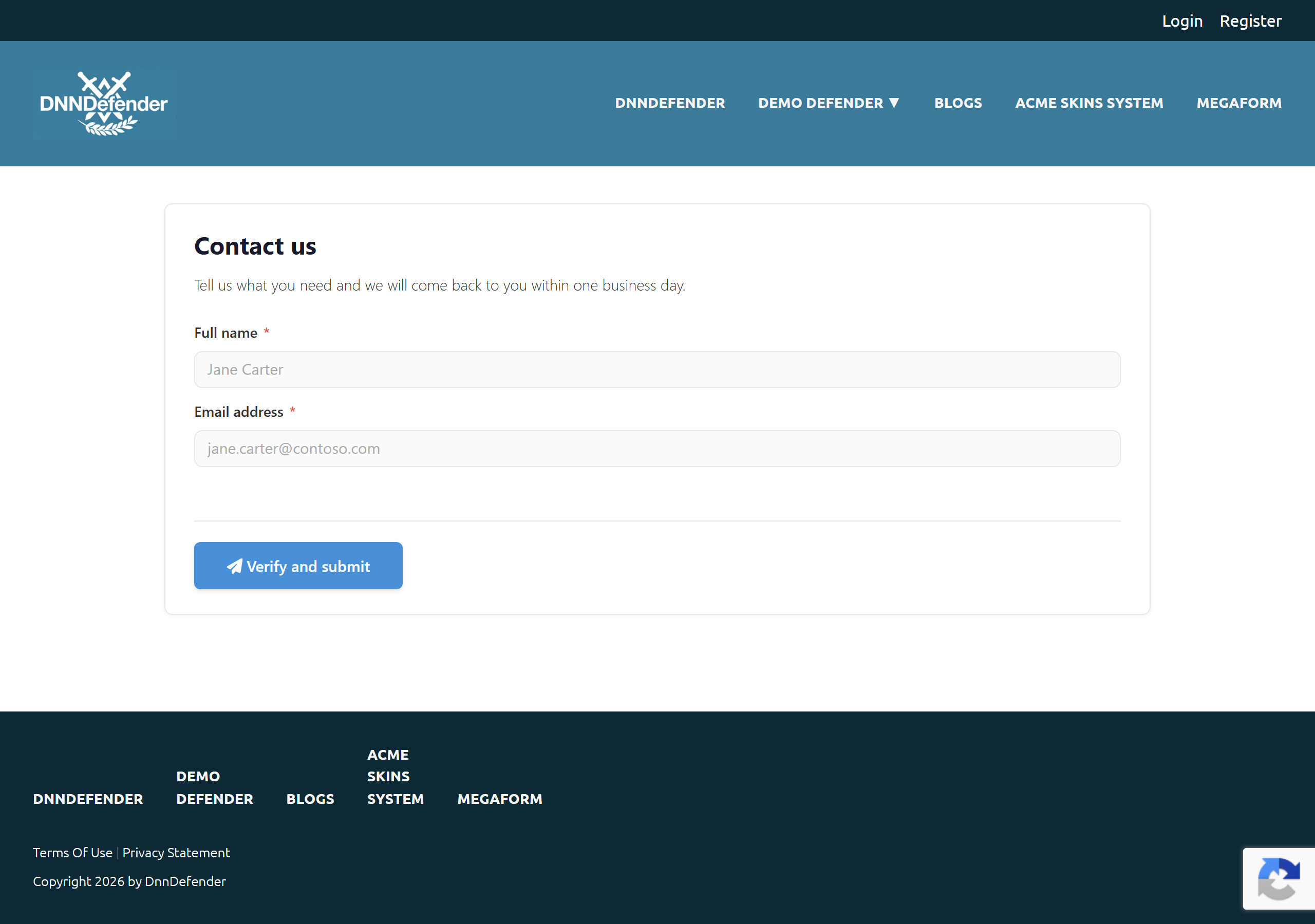 A live public form protected by reCAPTCHA v3: two fields and the submit button, with no CAPTCHA box and no gap between the last field and the button — the protection is there, and it takes no layout space