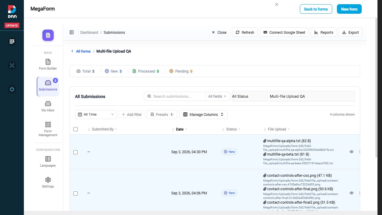 Submission details showing two distinct files and two server paths