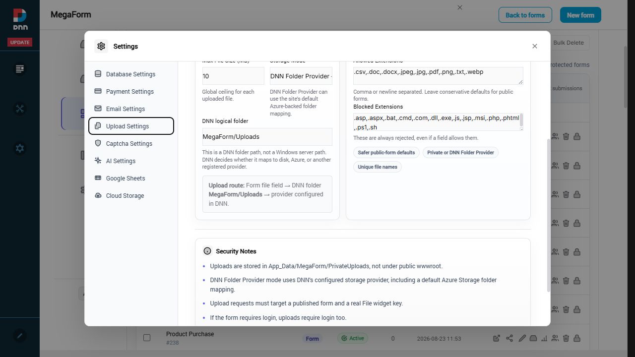 The Upload Settings route explains that DNN controls the backing provider
