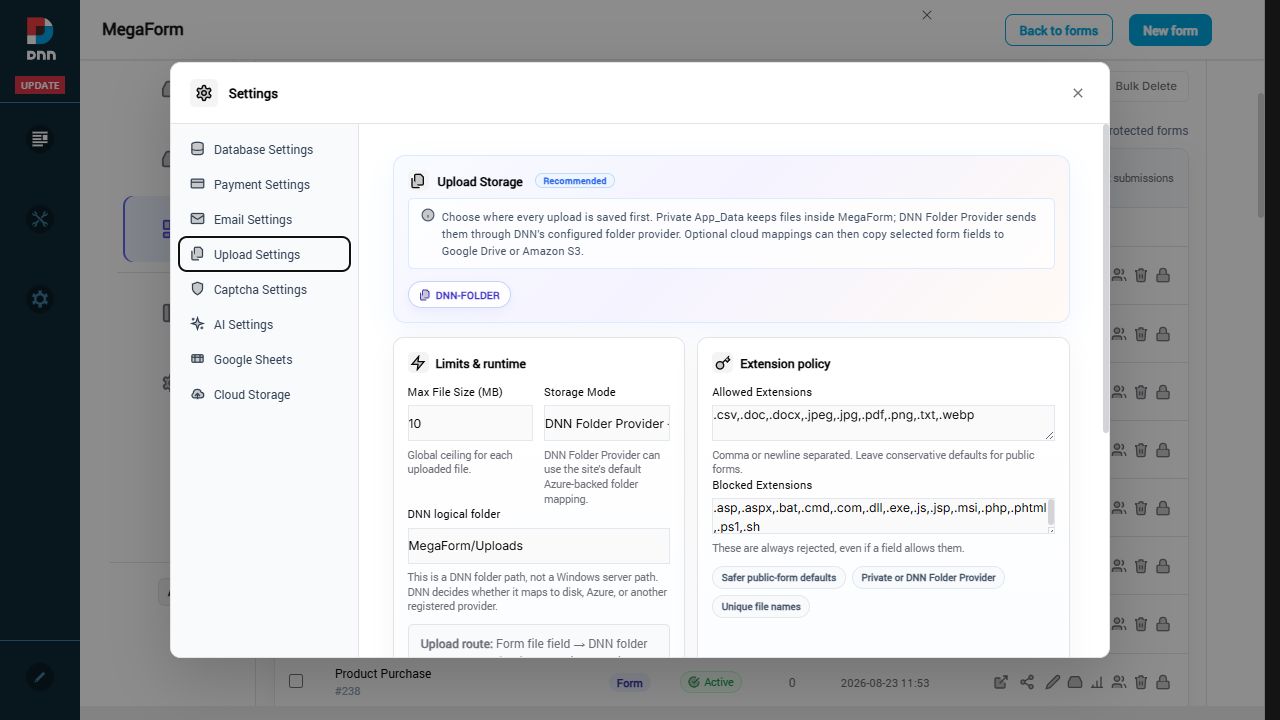 Upload Settings with DNN Folder Provider selected
