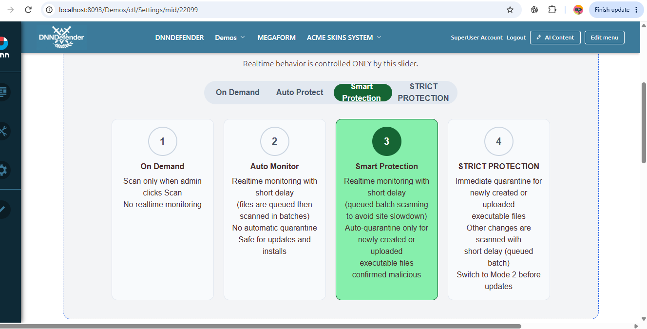 Earlier local DNN Defender Settings screenshot showing On Demand, Auto Monitor, Smart Protection and Strict Protection modes