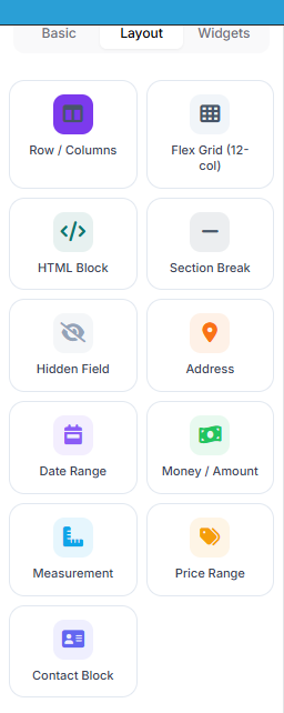 Builder palette, Layout tab