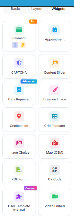 Builder palette, Widgets tab